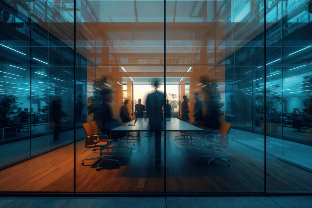 Executive boardroom with glass walls and motion blur