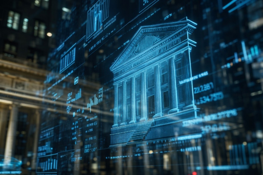 Federal building with digital data overlay